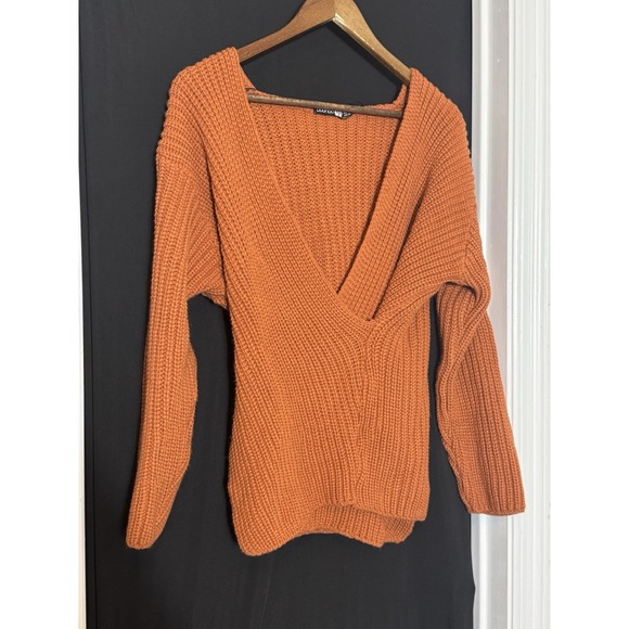 Boohoo burnt‎ orange Wrap Knitted Sweater 14 fall open knit festival pumpkin - Picture 2 of 7